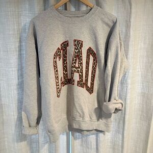 Anthropologie Gray Crewneck Sweatshirt with Leopard CHAD Graphic